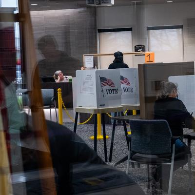 People vote at an election polling site on November 05, 2024, in Elkhorn, Wisconsin.