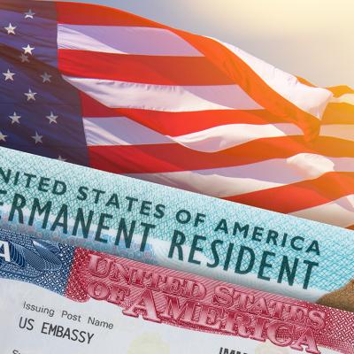 Graphic showing a visa page with the text "United States of America, Permanent Resident" and a USA flag in the background.