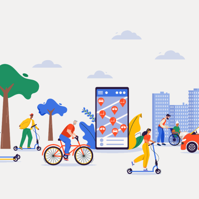 A custom vector illustration showing people in different modes of transportation and navigating outdoors.