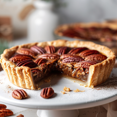 A whole pecan pie with a slice cut out on a white stand