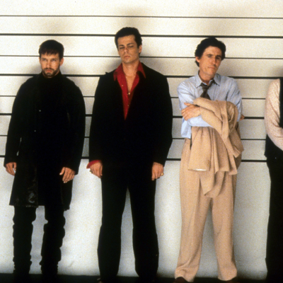 Kevin Pollak, Stephen Baldwin, Benicio Del Toro, Gabriel Byrne and Kevin Spacey line up in a scene from the film 'The Usual Suspects', 1995.