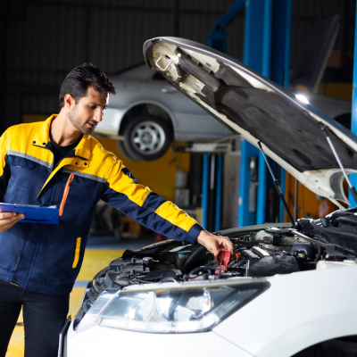 A car maintenance technician inspecting under the hood of a car