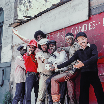 Rap group Grandmaster Flash and The Furious Five during a photo shoot for the cover of their album 'The Message',