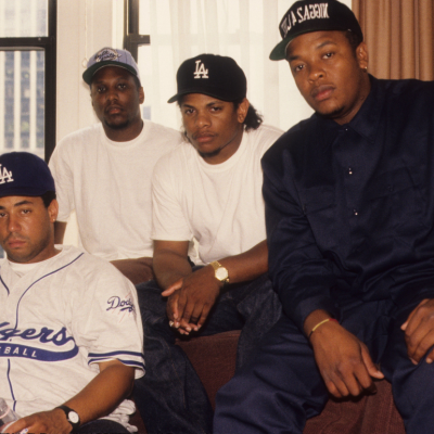 Rappers MC Ren, DJ Yella, Eazy-E and Dr. Dre of the rap group NWA pose for a portrait in 1991 in New York, New York.