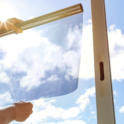 Person's hands applying UV filter film on glass window