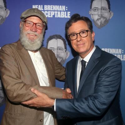 David Letterman and Stephen Colbert at the opening night arrivals for "Neal Brennan's Unacceptable" in 2021.