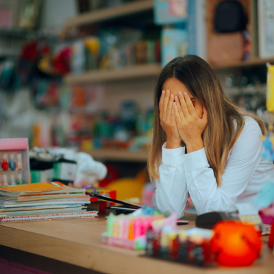 Unhappy salesperson looking exhausted behind the counter