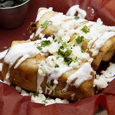 Chimichangas con chimichurri stuffed with mushrooms, cabbage, beans, and Chihuahua cheese at El Chuco Restaurant in Washington, D.C., on July 9, 2012.
