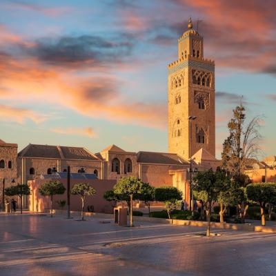 Landscape with Koutoubia Mosque at sunset time in Marrakesh, Morocco.