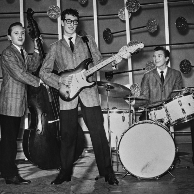 Buddy Holly and the Crickets during an appearance on the BBC TV show 'Off The Record', March 25th 1958. 