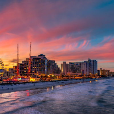 Colorful sunset above Daytona Beach, Florida, photographed from the fishing pier.