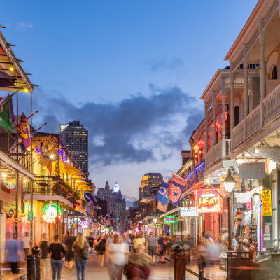 Pubs and bars with neon lights in the French Quarter, downtown New Orleans