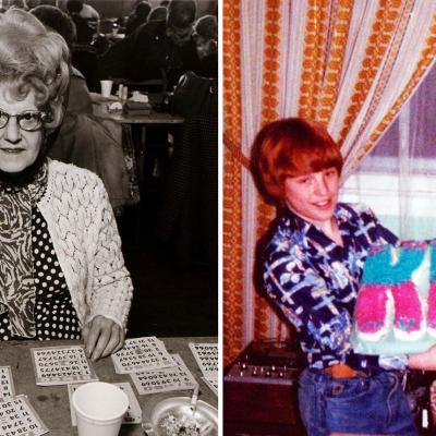 A woman at a bingo parlor and a kid holding a Kiss birthday cake