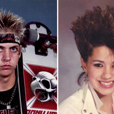 Side by side class photos of kids from 1985