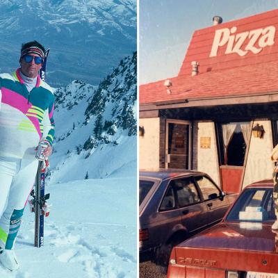 Split image: on the left, a man in a neon pink and teal ski racing suit stands on a snowy mountain holding Dynastar skis; on the right, a toddler in printed overalls stands on the trunk of a red Chevrolet in front of a Pizza Hut.