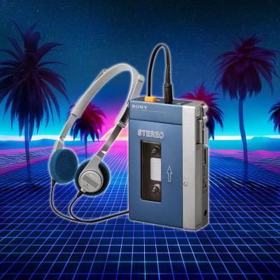 A Sony Walkman with a very 1980s background