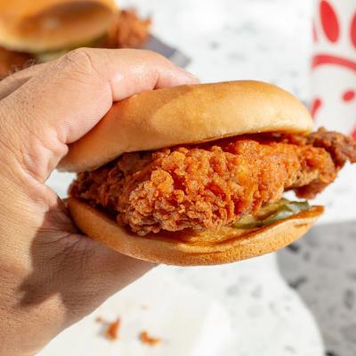 A view of a hand holding a Chick-Fil-A chicken sandwich.