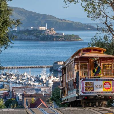 A cable car in San Francisco at daybreak.