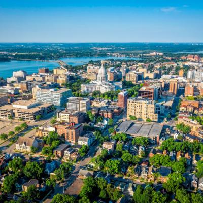 Aerial view of Madison city downtown in summertime.