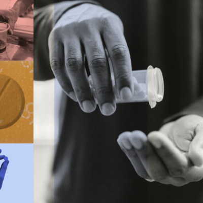 Collage with hand reaching for methadone dose, hand holding pill, Suboxone strip, and person holding prescription bottle.