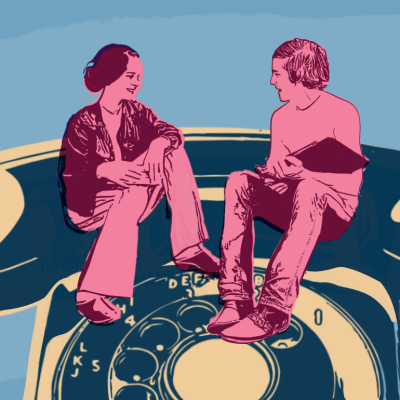 Illustration of couple sitting on rotary telephone.