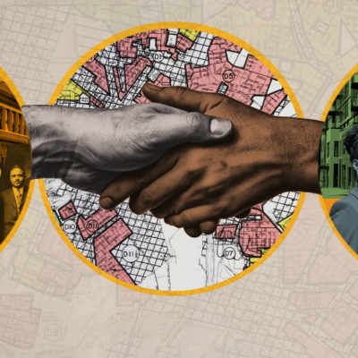 Illustration with archival images of Durham’s Black Wall Street; a redlining map of Richmond, Virginia; and a present-day Shaw Neighborhood in Washington DC.