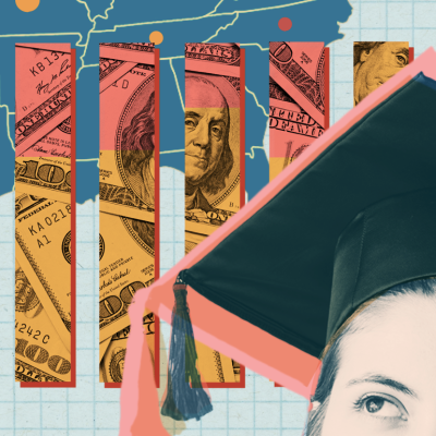 Cropped view of person wearing graduation cap in foreground, color bar chart with currency, cropped U.S. map.