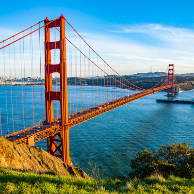 Panoramic view of Golden Gate Bridge seen from Battery Spencer viewpoint.