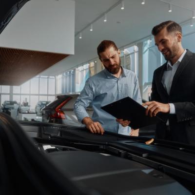 Two men standing in a car dealership or showroom. One man dressed in a suit, is holding a clipboard showing something to the other person, who is casually dressed. They are both looking at the open hood of a car. 