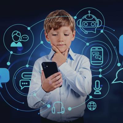 A young boy is holding a phone looking puzzled. The dark background shows icons of different apps. 