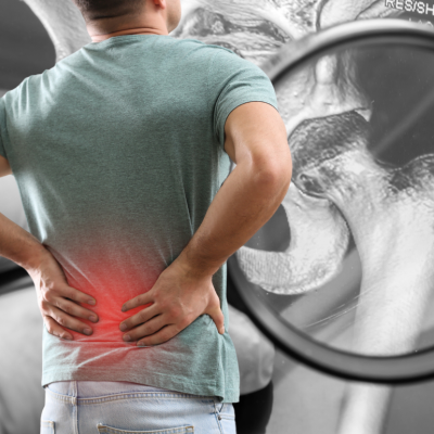 Photo illustration of a man experiencing back pain against a background of a black and white X-ray.
