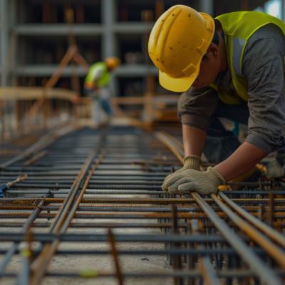 Construction worker wearing a yellow hard hat and safety vest, kneeling and working on steel bar at a construction site.