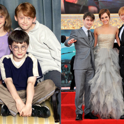 A split-screen look at Danielle Radcliff, Emma Watson and Rupert Grint in a Harry Potter publicity still in 2000, and a picture of the three at a premiere in 2011.