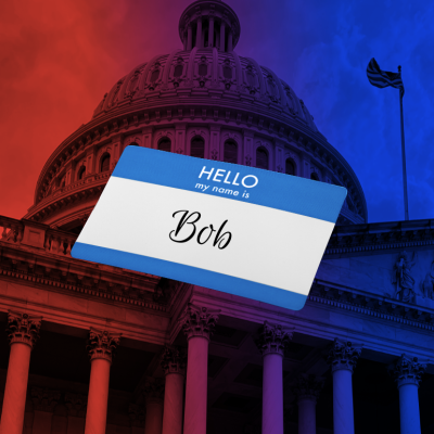 A name tag reading "Hello my name is Bob" floats in front of the capitol building, half in blue and half in red.