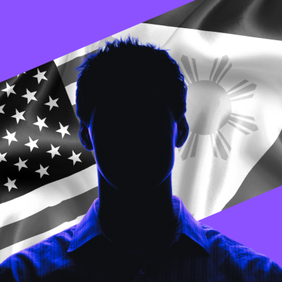A silhouette of a man in front of an American flag and a Philippines flag.