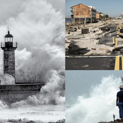 A lighthouse being hit with massive waves, a beach road destroyed after a storm and a figure watching palm trees bend in the waves and wind.