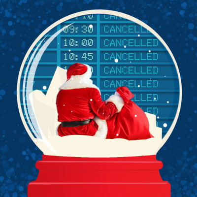 Santa sitting in front of a cancelled flight board inside a snow globe.