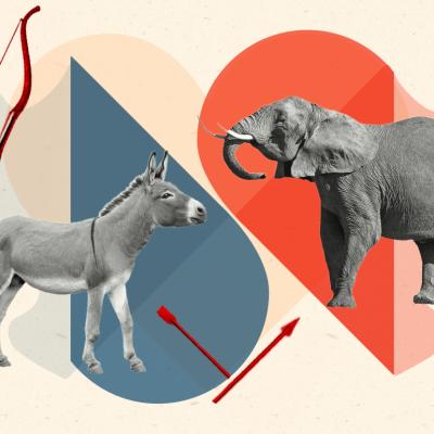 Graphic illustration with donkey and elephant.
