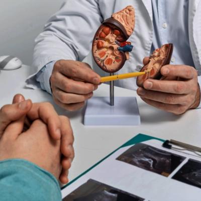 A medical professional in a white coat holds a kidney model while addressing a person seated across from them. Using a pointer, the doctor highlights specific parts of the model, which is mounted on a stand.