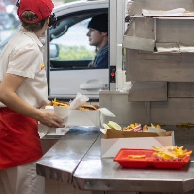 Drive-through window in a fast-food restaurant in Redding, California.