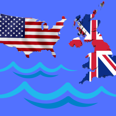 An illustration of a U.S. flag map and a U.K. flag map connected by cartoon-like waves.