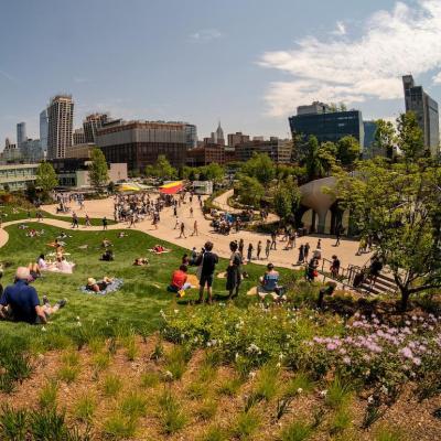 Throngs of visitors at the new Little Island in Hudson River Park in New York City, New York.