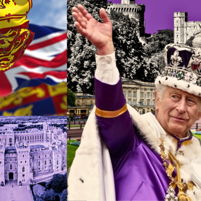 An illustration showing King Charles III waving with Windsor Castle in the foreground and athe British flag in the backgroun.