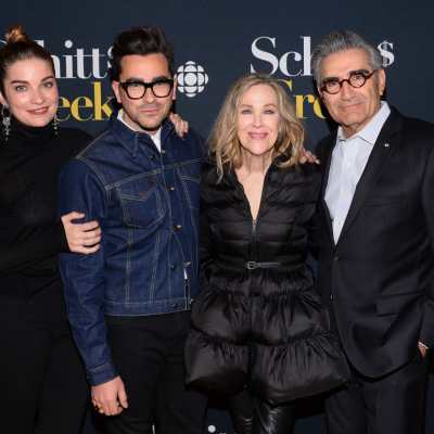 Annie Murphy, Dan Levy, Catherine O'Hara and Eugene Levy pose at the Schitt's Creek Season 4 premiere.