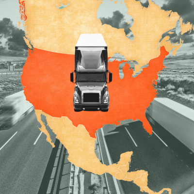 An image of a truck superimposed over an orange map of North America.