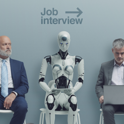 Business people and a humanoid AI robot sitting and waiting for a job interview: