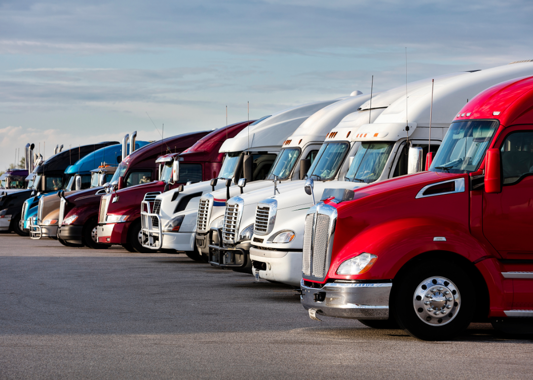 A line of parked semi-trucks at a truck stop in Missouri.