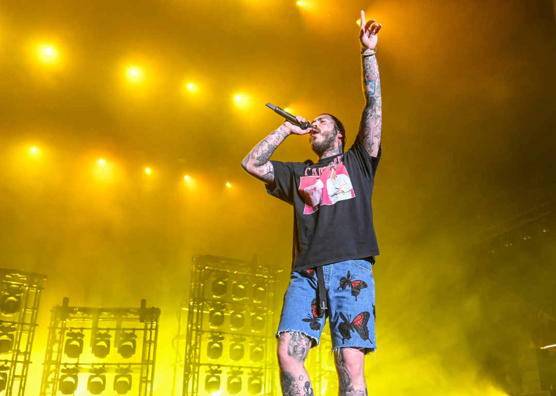 Post Malone performing on Day 3 of Outside Lands Music And Arts Festival at Golden Gate Park on August 07, 2022.