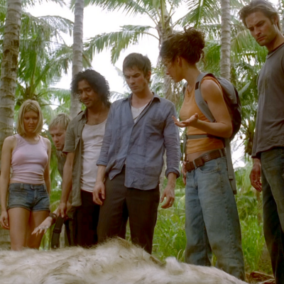 Naveen Andrews, Josh Holloway, Dominic Monaghan, Ian Somerhalder, Maggie Grace, and Evangeline Lilly as seen in Lost, Season 1, Episode 2