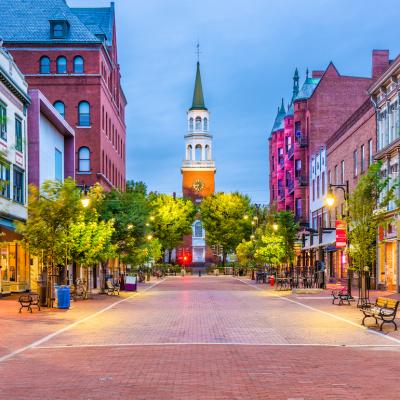 Church Street Marketplace in Burlington, Vermont during sunrise.